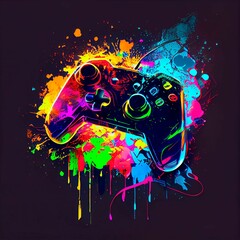 AI generated illustration of a gaming controller with colorful paint splatters on its surface