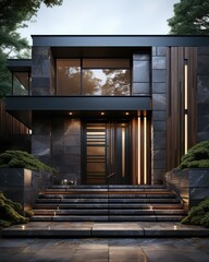 The house's jewel - modern wooden entrance with metal and nice design. (Illustration, Generative AI)