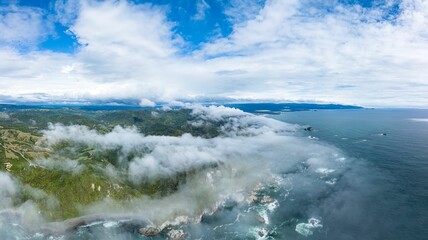Aerial dramatic view of the Pacific Ocean coastline at Chiloe Island, Chile