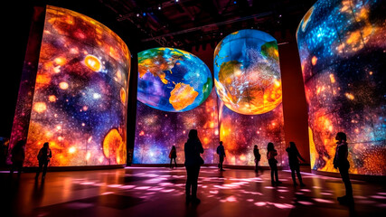 A planetary room with the Earth transformed into a cosmic canvas.