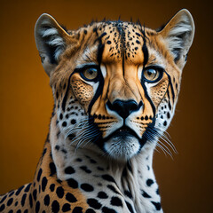 Portrait of a beautiful cheetah against a yellow background. Studio shot.