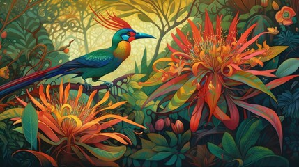 Obraz premium Tropical wallpaper background with plants and birds