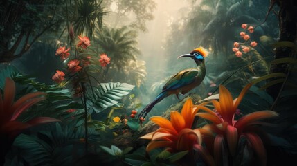 Fototapeta na wymiar Tropical wallpaper background with plants and birds