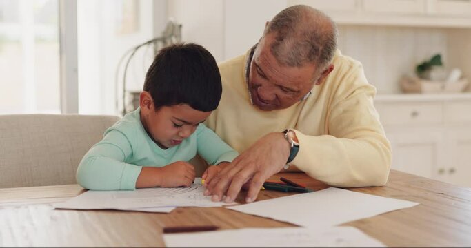 Grandparent, talking or child drawing in books for learning development together in family house. Support, homework or grandfather teaching a creative boy or artistic kid writing skills or bonding