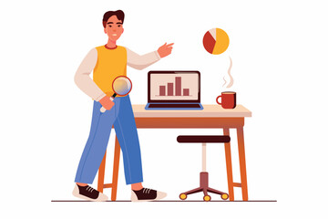 Fototapeta premium Data analysis concept with people scene in the flat cartoon style. The specialist works with data in charts and diagrams. Vector illustration.