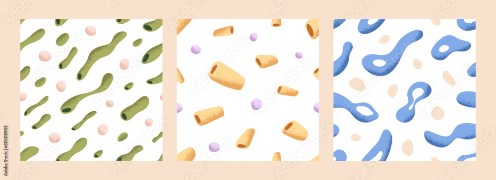 Poster Abstract seamless patterns set. Repeating print, endless backgrounds designs with creative fluid shapes, elements flowing. Colored flat vector illustrations for wrapping, textile, fabric, wallpaper