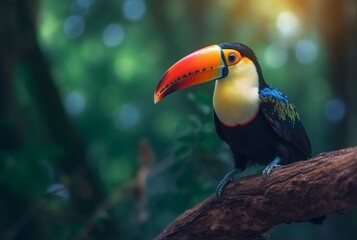 Obraz premium Toucan sitting on a branch in forest with blurred background