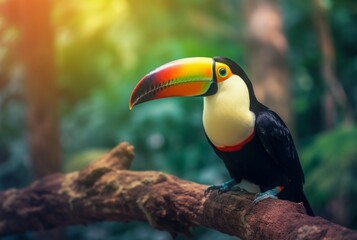 Naklejka premium Toucan sitting on a branch in forest with blurred background