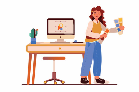 Design studio concept with people scene in the flat cartoon style. The designer is preparing new color palettes for presentation. Vector illustration.