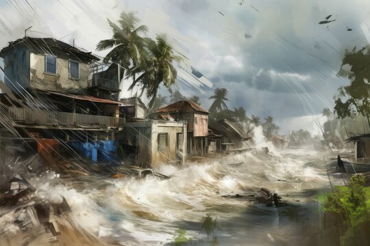 Tsunami wave destroy village. Generate Ai