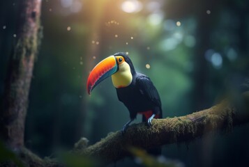 Fototapeta premium Toucan sitting on a branch in forest with blurred background