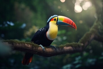 Obraz premium Toucan sitting on a branch in forest with blurred background