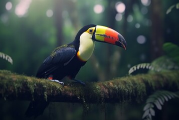 Fototapeta premium Toucan sitting on a branch in forest with blurred background