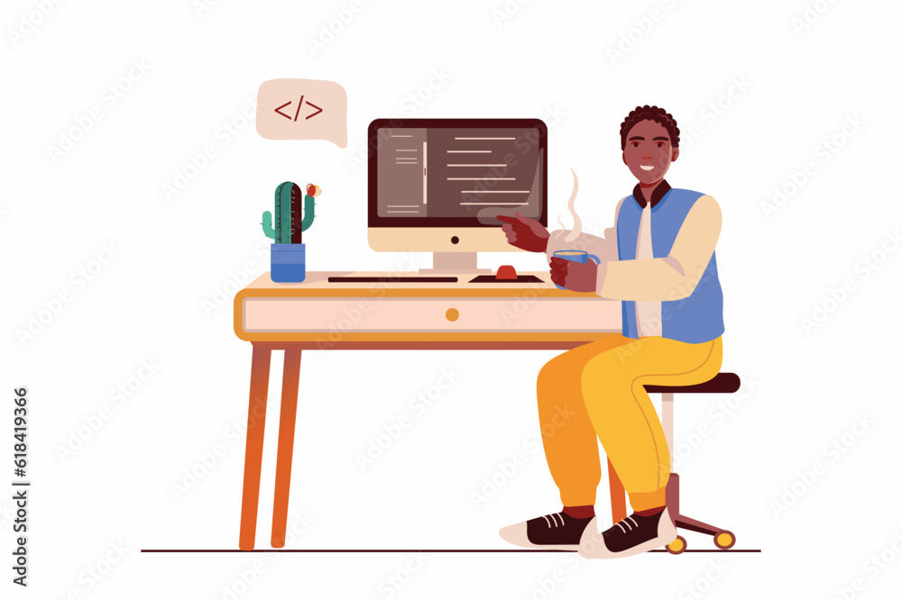 Aufkleber Programming concept with people scene in the flat cartoon design. The programmer has finished writing the code for the program. Vector illustration.