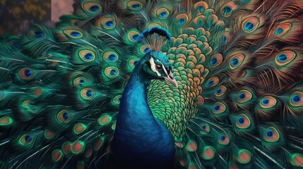 Obraz premium Close up of colorful beautiful peacock in jungle at night time with neon glow