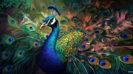 Fototapeta premium Close up of colorful beautiful peacock in jungle at night time with neon glow