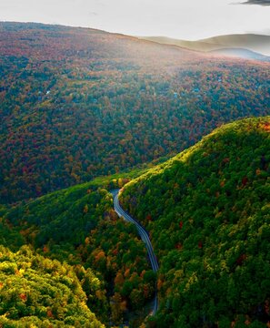 Aerial view of a winding road in the Catskill Mountains of the USA in autumn