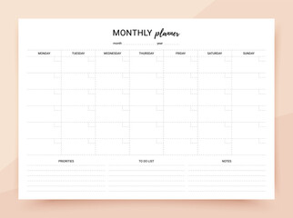 Monthly planner. Schedule for month with notes, to do list and priorities. Timetable template. Homework organizer. Simple journal page. Vector illustration. Empty blank of diary. Paper size A4. 