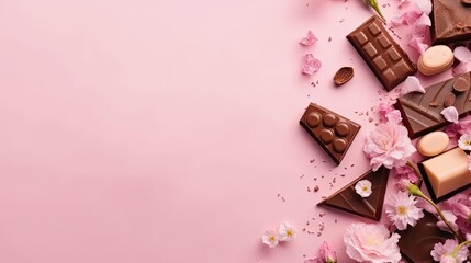 Top View of Valentine day banner design of a collection of chocolate and pink flower sprinkles