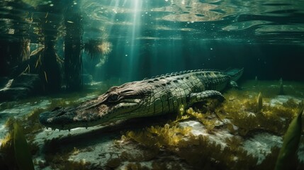 Naklejka na ściany i meble crocodile head protruding out of the water close-up