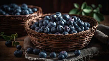 a bunch of fresh blue blueberry in a basket with blur background and good view