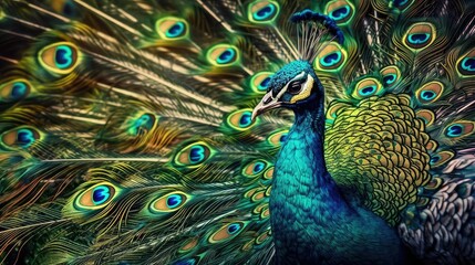 Fototapeta premium Close up of colorful beautiful peacock in jungle at night time with neon glow