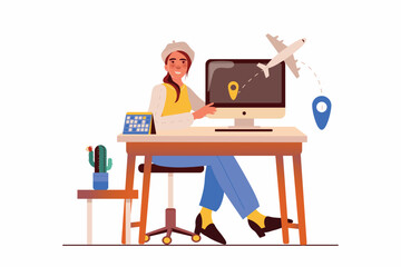 Travel agency concept with people scene in the flat cartoon style. An employee of a travel agency presents a new tour to different countries. Vector illustration.