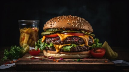Cheeseburger on a wooden plate with a blurred background