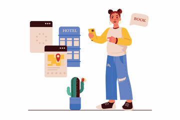 Hotel booking concept with people scene in the flat cartoon style. A girl books a hotel room before a trip. Vector illustration.