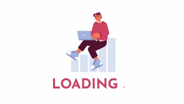 Studying statistics 2D loading animation. Data analytics team employee chart animated cartoon character 4K video loader motion graphic. Male statistician typing on laptop download, upload progress gif
