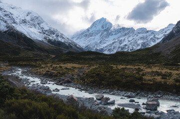 Hooker Valley Hike in Aoraki Mount Cook in early morning, New Zealand