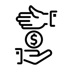 Donate money. A businessman's hand passes a dollar coin to the needy. Black line icon. Vector illustration flat design. Isolated on white background.