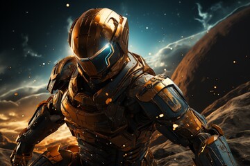 Fototapeta premium Robot Samurai traversing the barren surface