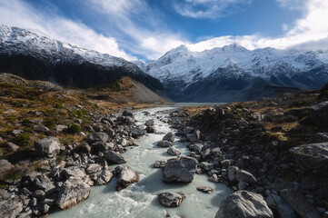 Hooker Valley Hike in Aoraki Mount Cook in early morning, New Zealand