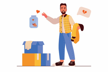 Charity concept with people scene in the flat cartoon style. The man brought his things and clothes to give to charity. Vector illustration.