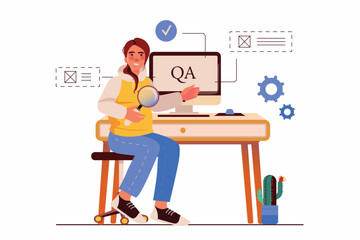 QA engineer concept with people scene in the flat cartoon style. The employee monitors the quality of application development. Vector illustration.