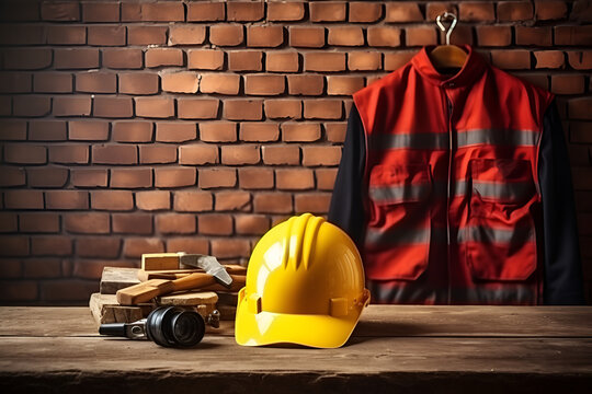 Yellow safety helmet, work uniform. Labor Day concept. AI generation