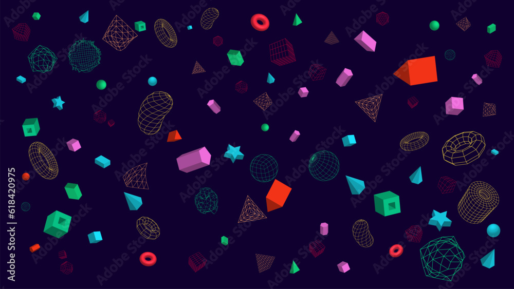 Poster set of futuristic geometric shapes in cyberspace. complete and linear objects in retro style. abstra