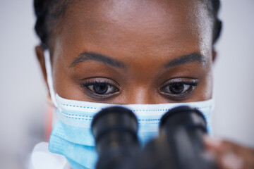Mask, microscope or black woman scientist in laboratory for research, analysis or experiment...
