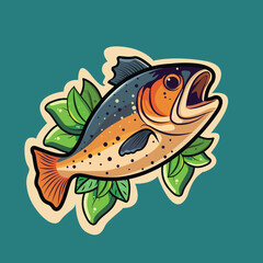 Sticker Style Grilled Fish with Leaves on Teal Background.