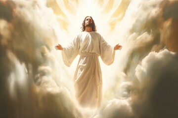 Jesus Christ in the clouds in heaven with open arms The Savior of mankind Generative AI Illustration