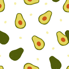 Avocado halves, seamless pattern. Green fruit, tropical vegetable, repeating print. Endless vegetarian background design, printable texture. Flat vector illustration for textile, fabric, wrapping