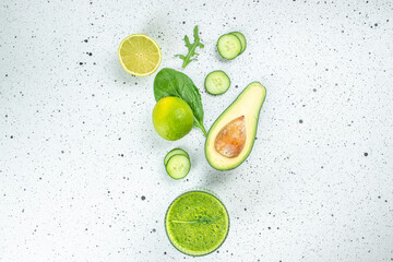 Blended green smoothie with ingredients, Detox and healthy superfoods bowl concept