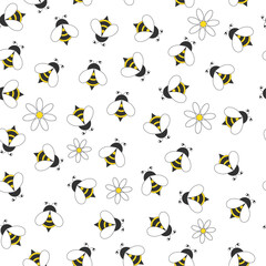Seamless pattern of cartoon bees and daisies.