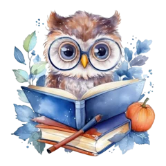 Acrylic prints Owl Cartoons Watercolor cute owl with glasses reading book, isolated. Generative AI