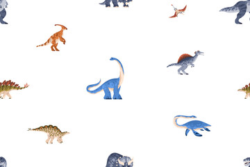 Seamless pattern, repeating dinosaurs print. Extinct ancient dino animals of Jurassic period, endless background design. Flat vector illustration for kids textile, fabric, childish wallpaper, wrapping