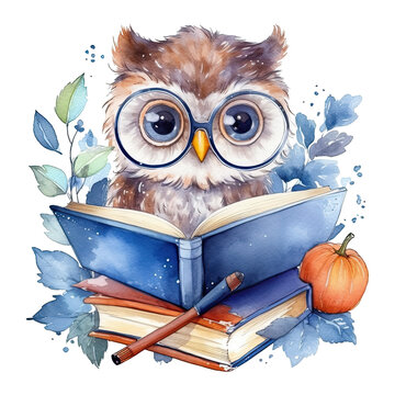 Watercolor cute owl with glasses reading book, isolated. Generative AI