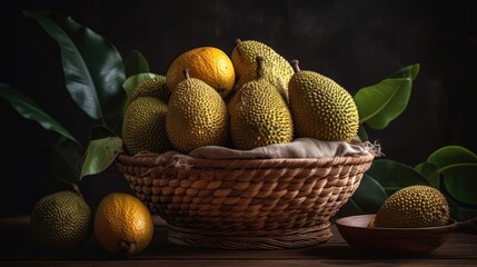 close up jack fruits on bamboo basket with jack fruit leaf ornament and blurred background
