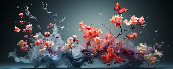 Fractal art inspired by butterflies and flowers, in the style of fluid glass-like sculptures and ornate decorations.