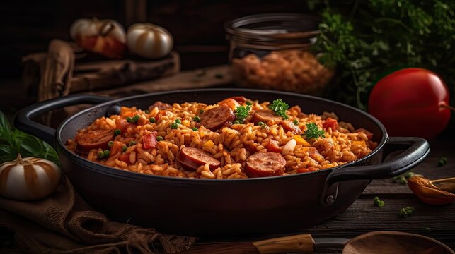 fried rice on ceramic bowl full of prawns and sausages with blurred background